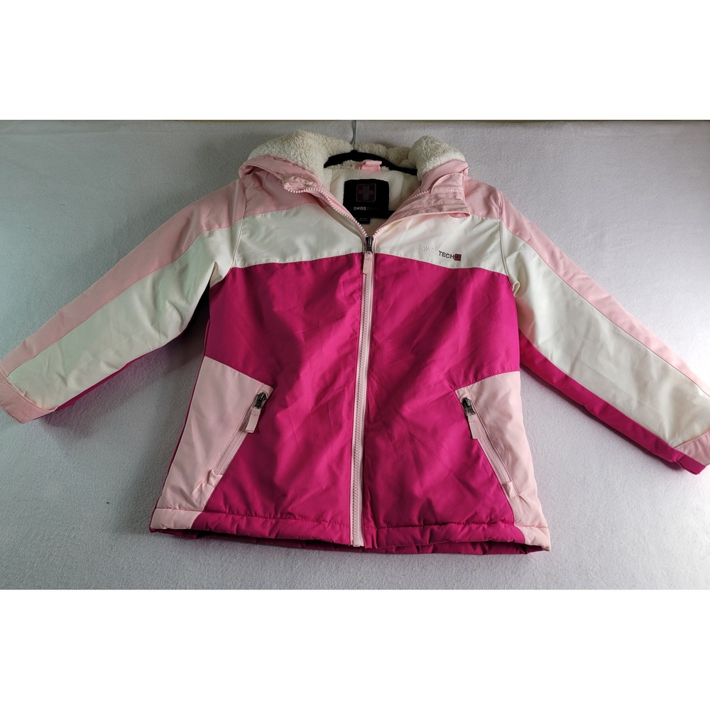 Swiss Tech Girls Pink White Colorblock Hooded Puffer Winter Jacket Size 6X